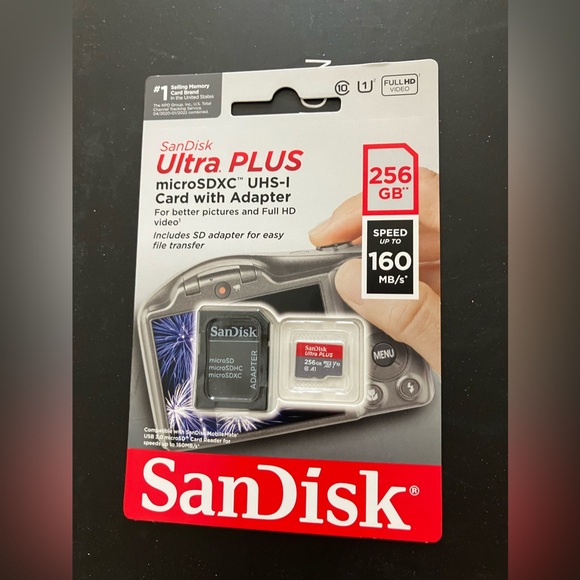Sandisk ultra plus micro sd with adapter.  New in package.  256 GB 160 mb - Picture 1 of 3